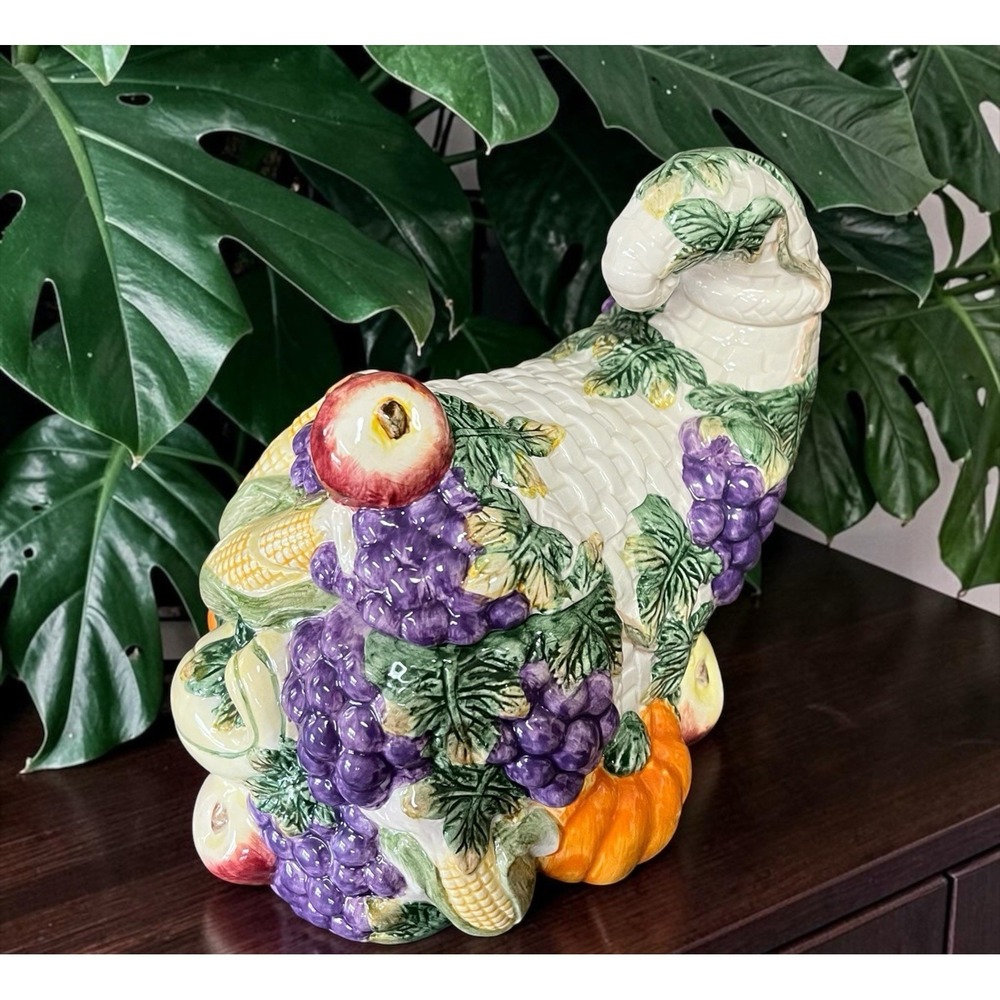 Fitz & Floyd Omnibus 1993 Harvest Bounty Cornucopia Ceramic Candy Bowl Dish Lid